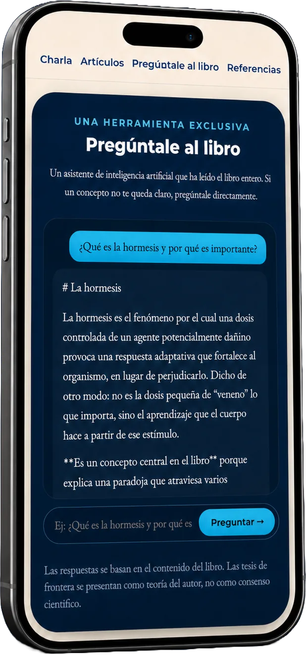 Montaje de un teléfono móvil mostrando el asistente inteligente del libro respondiendo una pregunta sobre la hormesis